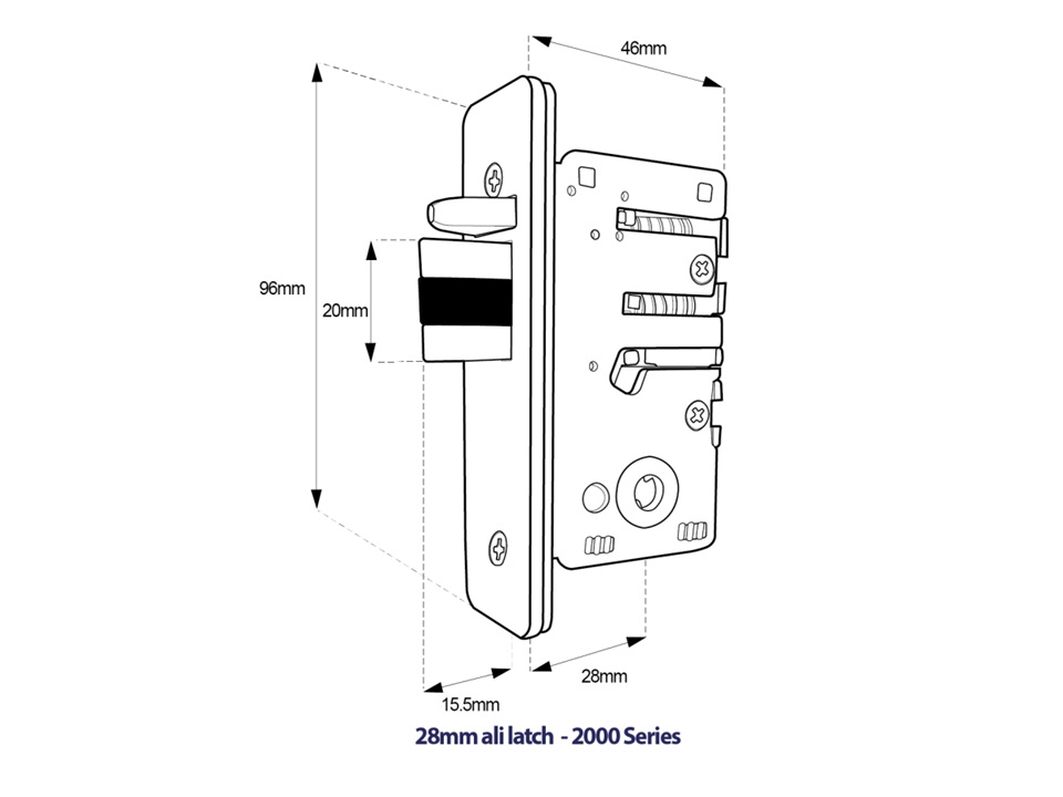 Tekening van de alu-latch van Borglocks