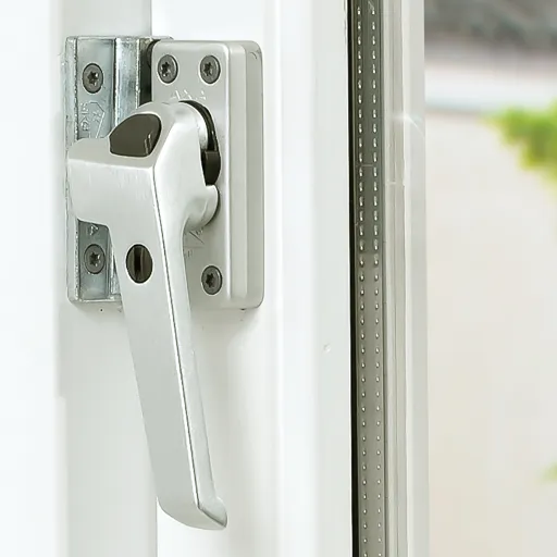 Axa 3320 opbouw raamboompje aluminium kleur gemonteerd op wit kozijn in gesloten stand