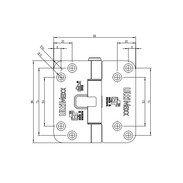 Ultimaxx glijlagerscharnier 89X89 ronde hoeken verzinkt SKG**