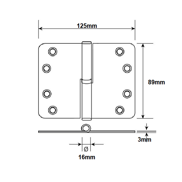 Kogelstiftpaumelle ronde hoeken 89X150mm rvs zwart