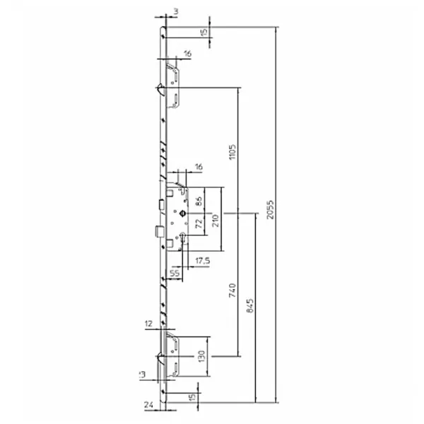 KFV driepuntssluiting SKG*** 2055x24mm, PC72, doorn55 cil. bed.